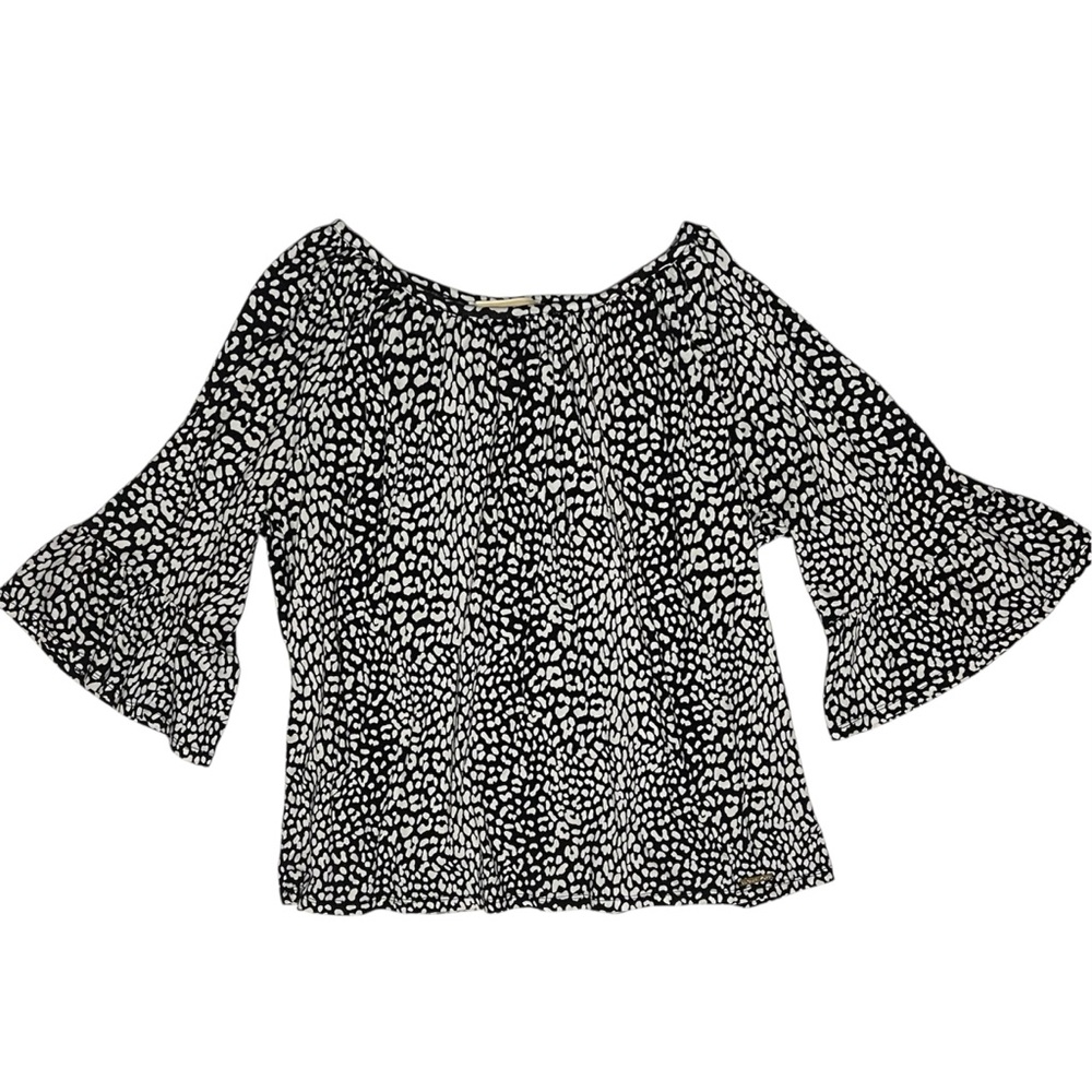 Michael Kors Black White Animal Print Top Blouse Plus Size 1X Bell 3/4 Sleeves